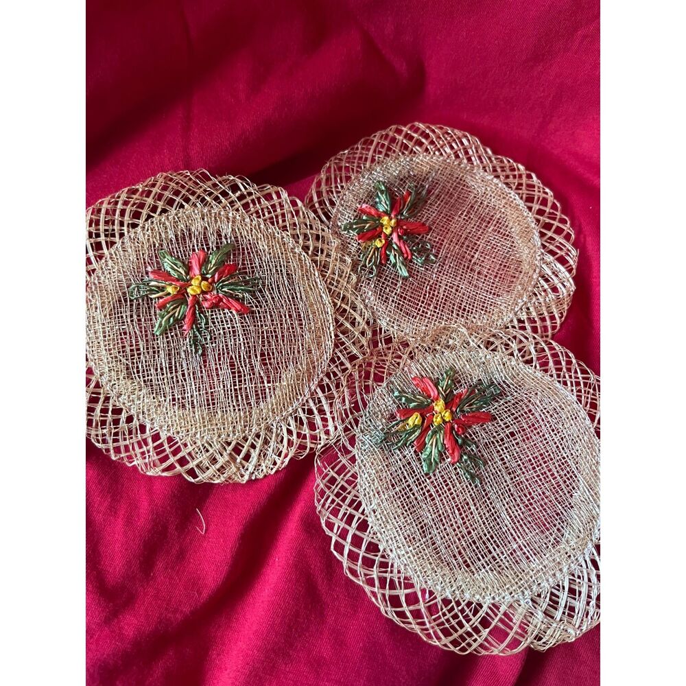 Vintage 3 Rattan Straw Lace Coasters Tiki Boho MCM Cottage Grandma Golden Girls